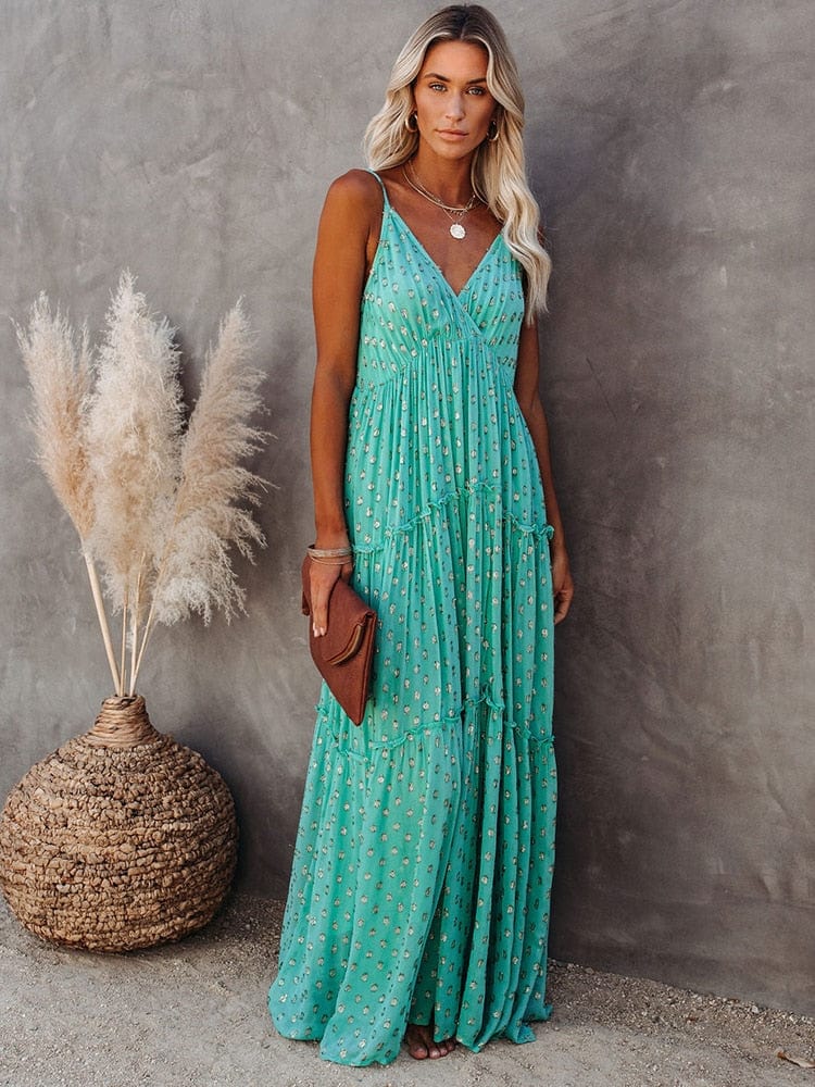 Groene Maxi Jurk Met V-hals En Zomers Ibiza Printje