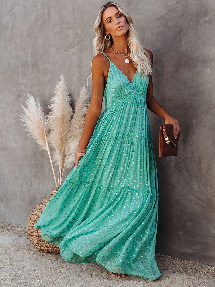 Groene Maxi Jurk Met V-hals En Zomers Ibiza Printje