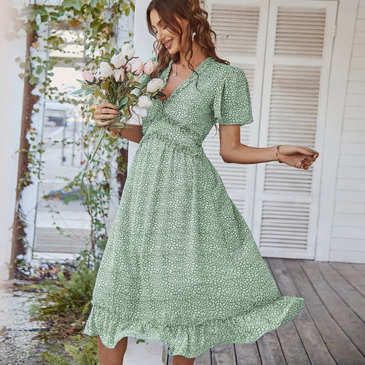 Groene Midi Jurk Bohemian Met V-hals en Print