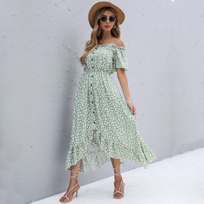 Groene Off-Shoulder Vintage Bloemenjurk