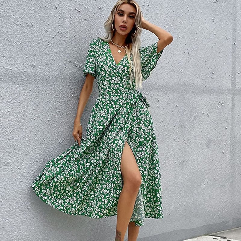 Groene Zomerse Midi Jurk Met V-hals