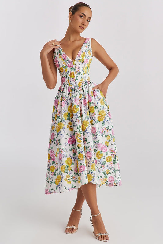 Dames midi jurk met bloemenprint voor bruiloftsgast, vooraanzicht