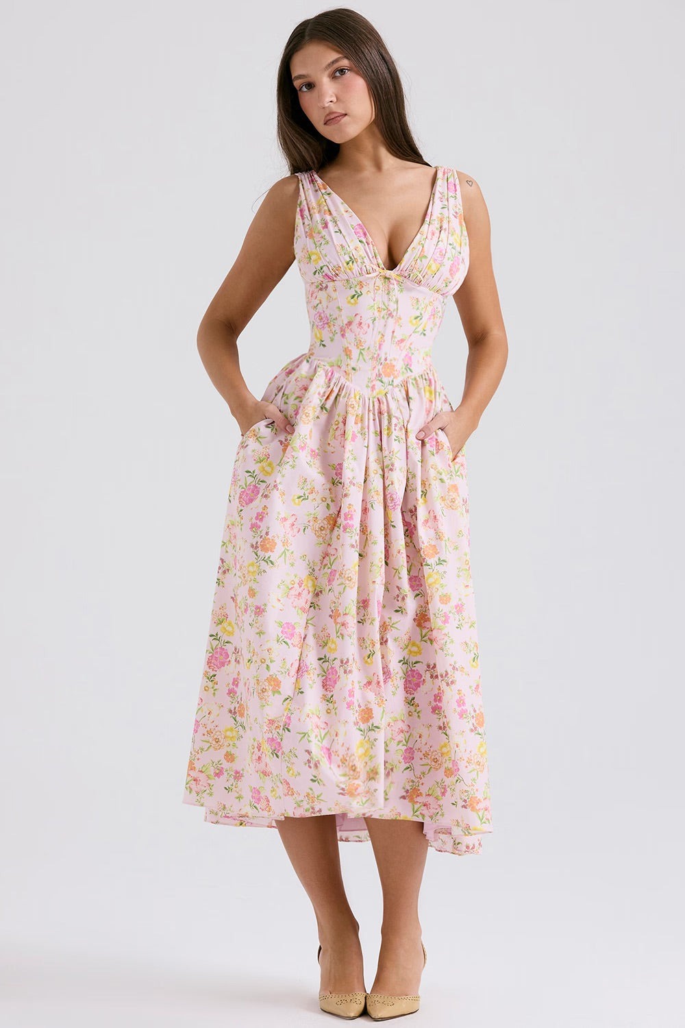 Dames Midi Jurk Met Bloemenprint Voor Bruiloftsgast