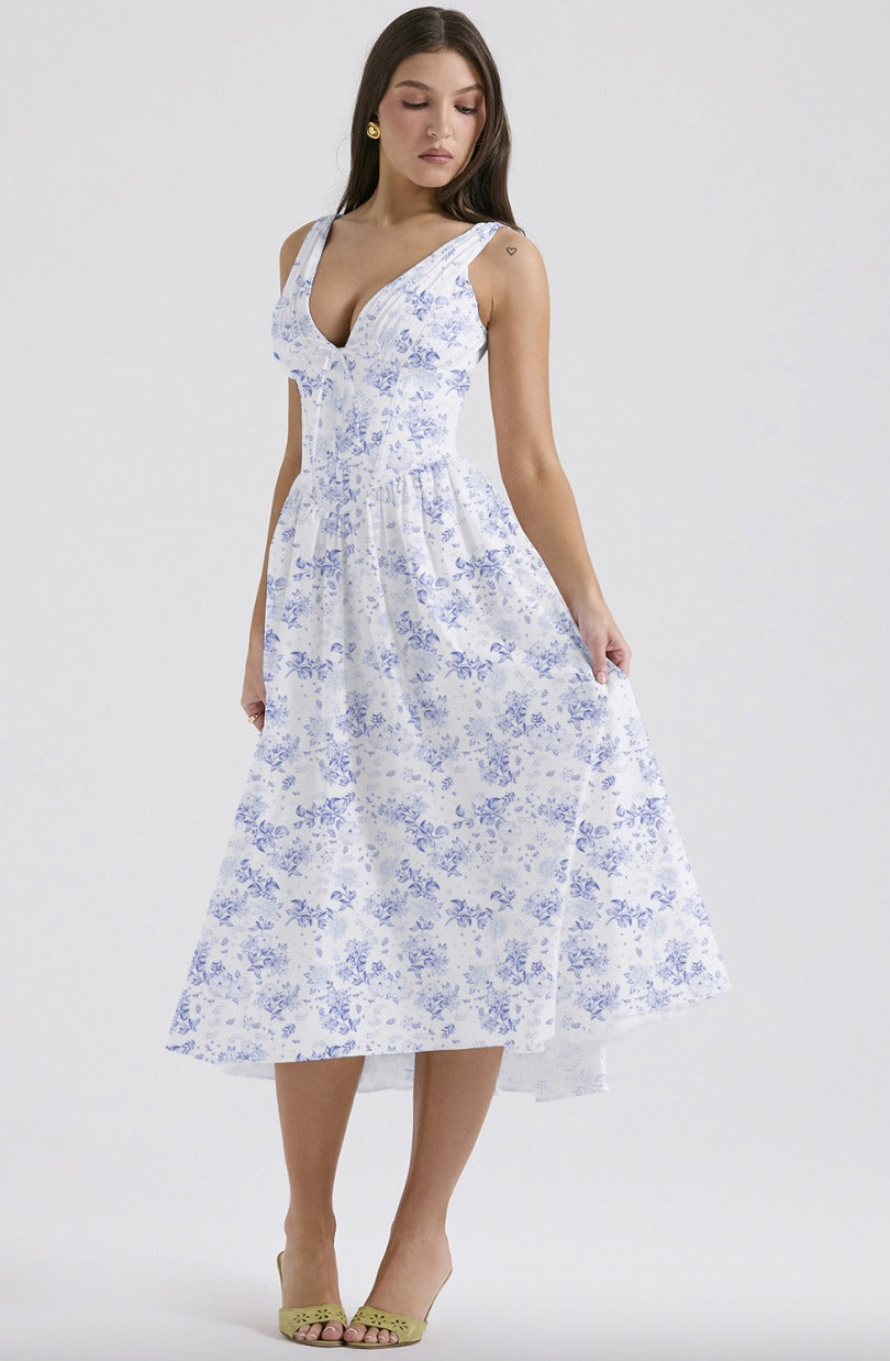 Dames midi jurk met bloemenprint voor bruiloftsgast, zijaanzicht