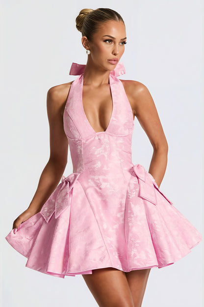 Jacquard halter mini-jurk met V-hals en strikje roze