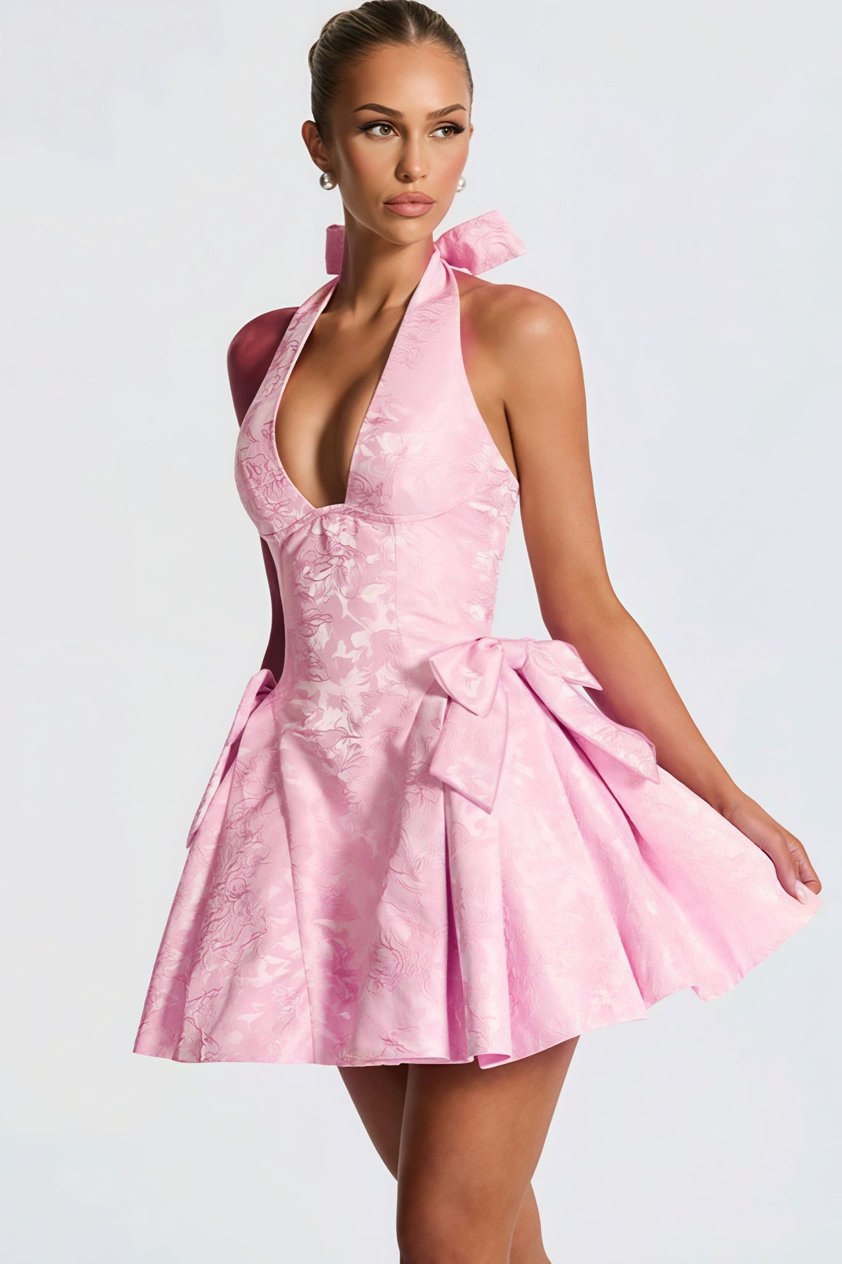 Jacquard halter mini-jurk met V-hals en strikje roze