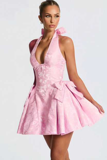 Jacquard halter mini-jurk met V-hals en strikje roze