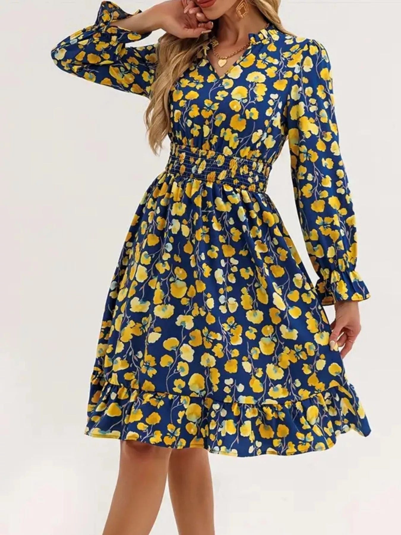 Jurk met bloemenprint, geplooide mouwen en volant