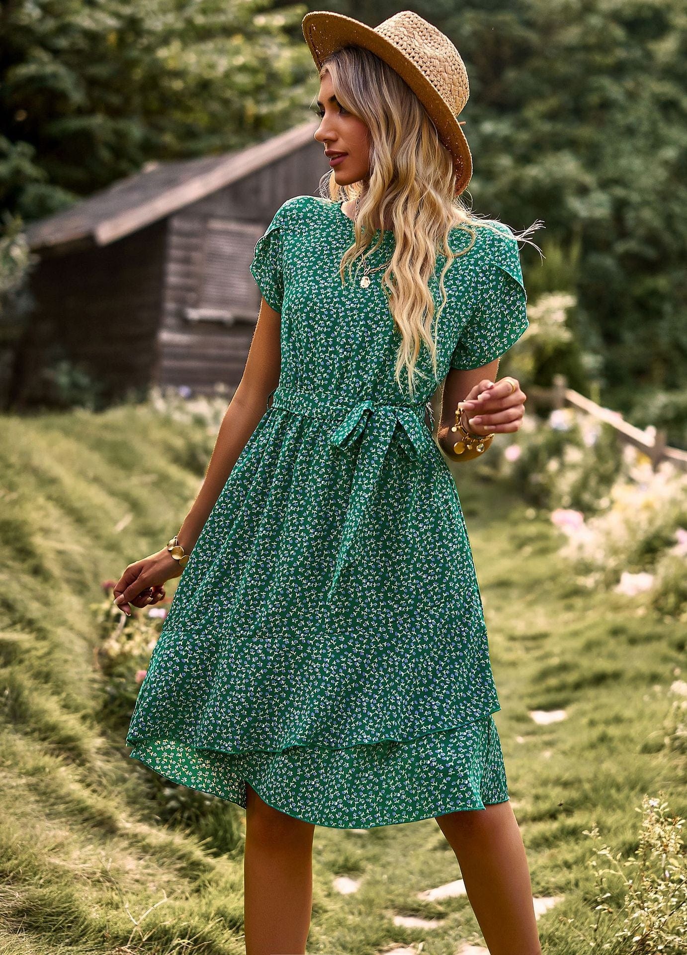 Korte Groene Bohemian Jurk Met Print