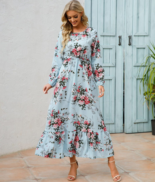 Lichtblauwe Zomerse Ibiza Jurk Met Bloemenprint