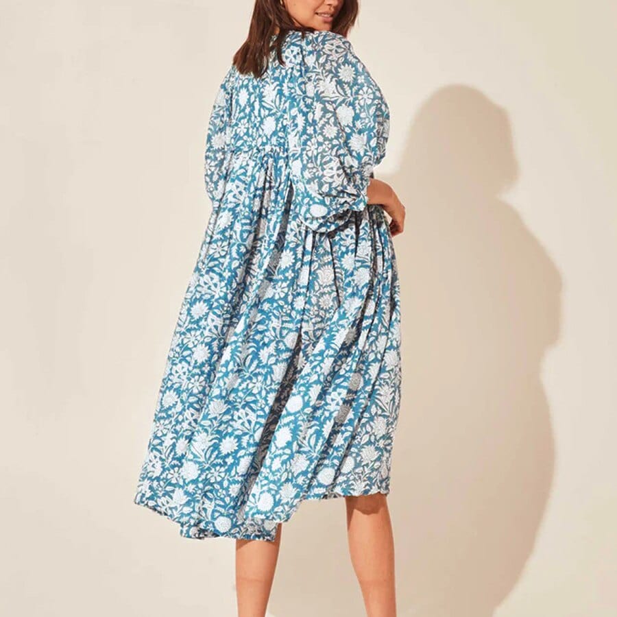 Long Sleeve Midi Blauwe Ibiza Bloemen Jurk