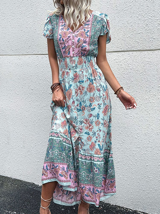 Maxi Bohemian Jurk Met Ibiza Stijl Print En V-hals Groen