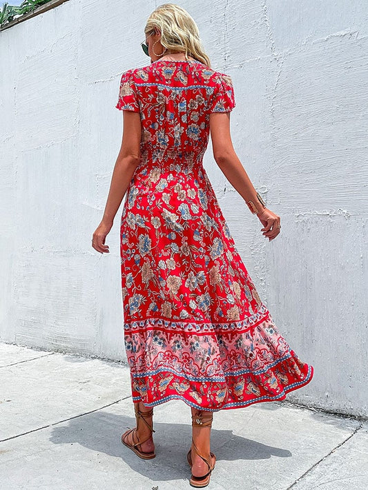 Maxi Bohemian Jurk Met Ibiza Stijl Print En V-hals Rood