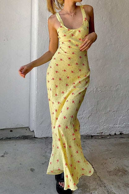 Maxi-jurk met bloemenprint en geplooide spaghetti bandjes geel