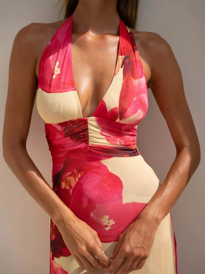 Maxi-jurk met bloemenprint, halternek en geplooide details