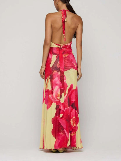 Maxi-jurk met bloemenprint, halternek en geplooide details