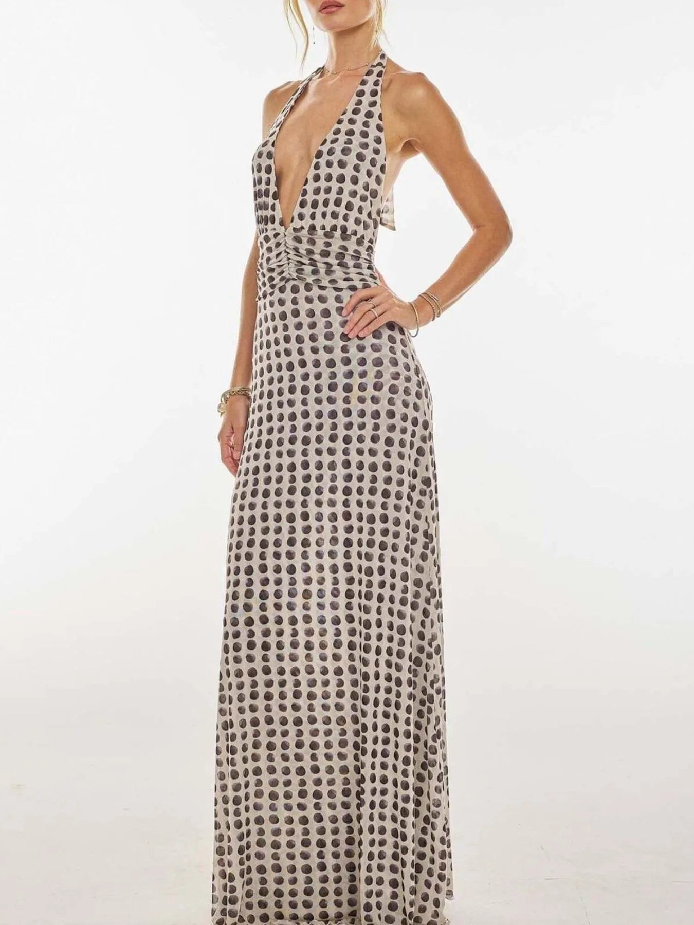 Maxi-jurk met bloemenprint, halternek en geplooide details