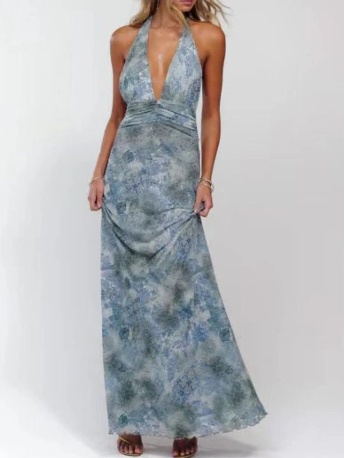 Maxi-jurk met bloemenprint, halternek en geplooide details