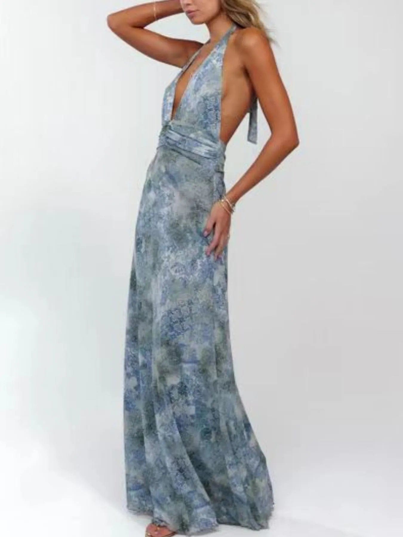 Maxi-jurk met bloemenprint, halternek en geplooide details