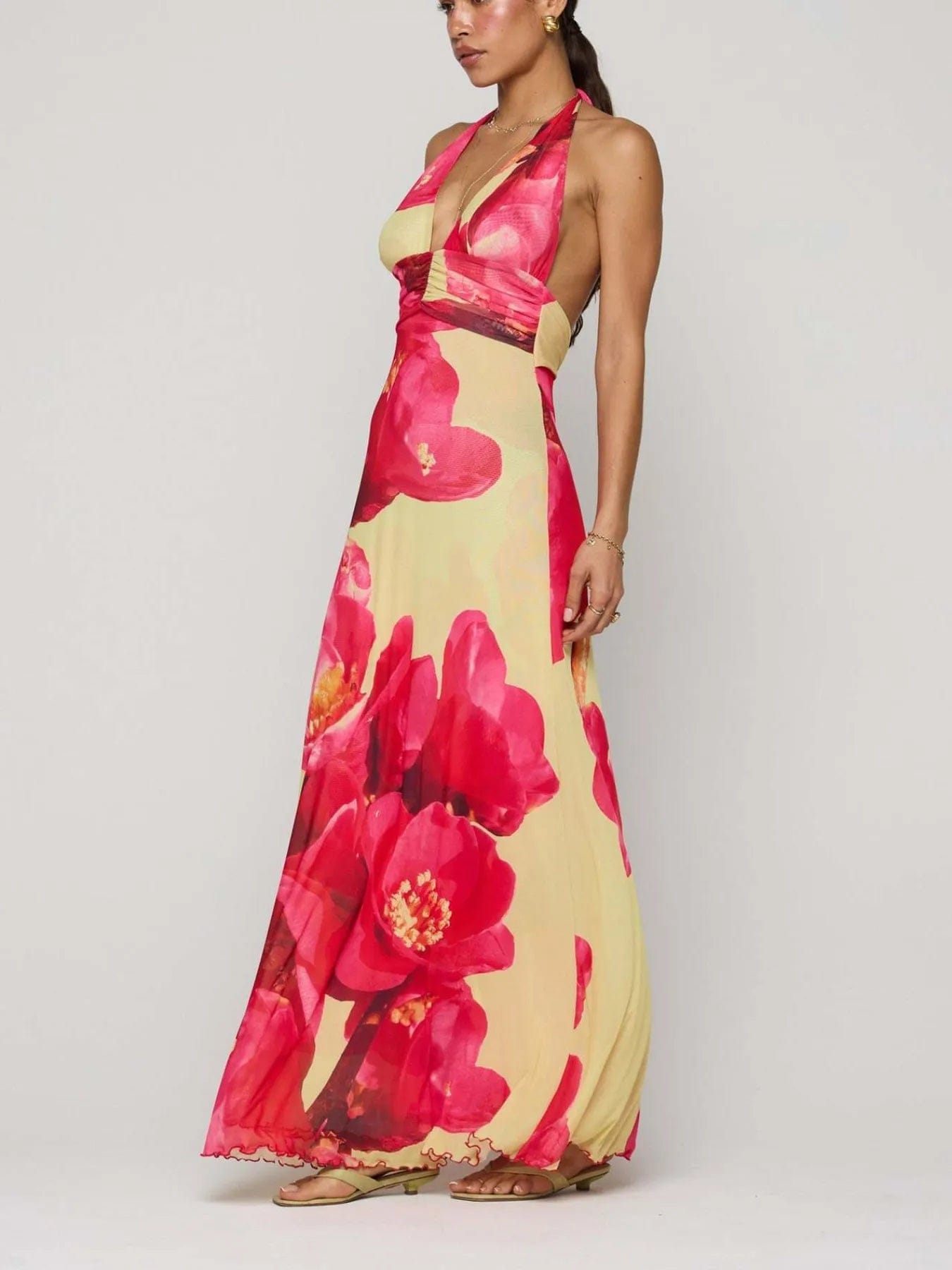 Maxi-jurk met bloemenprint, halternek en geplooide details