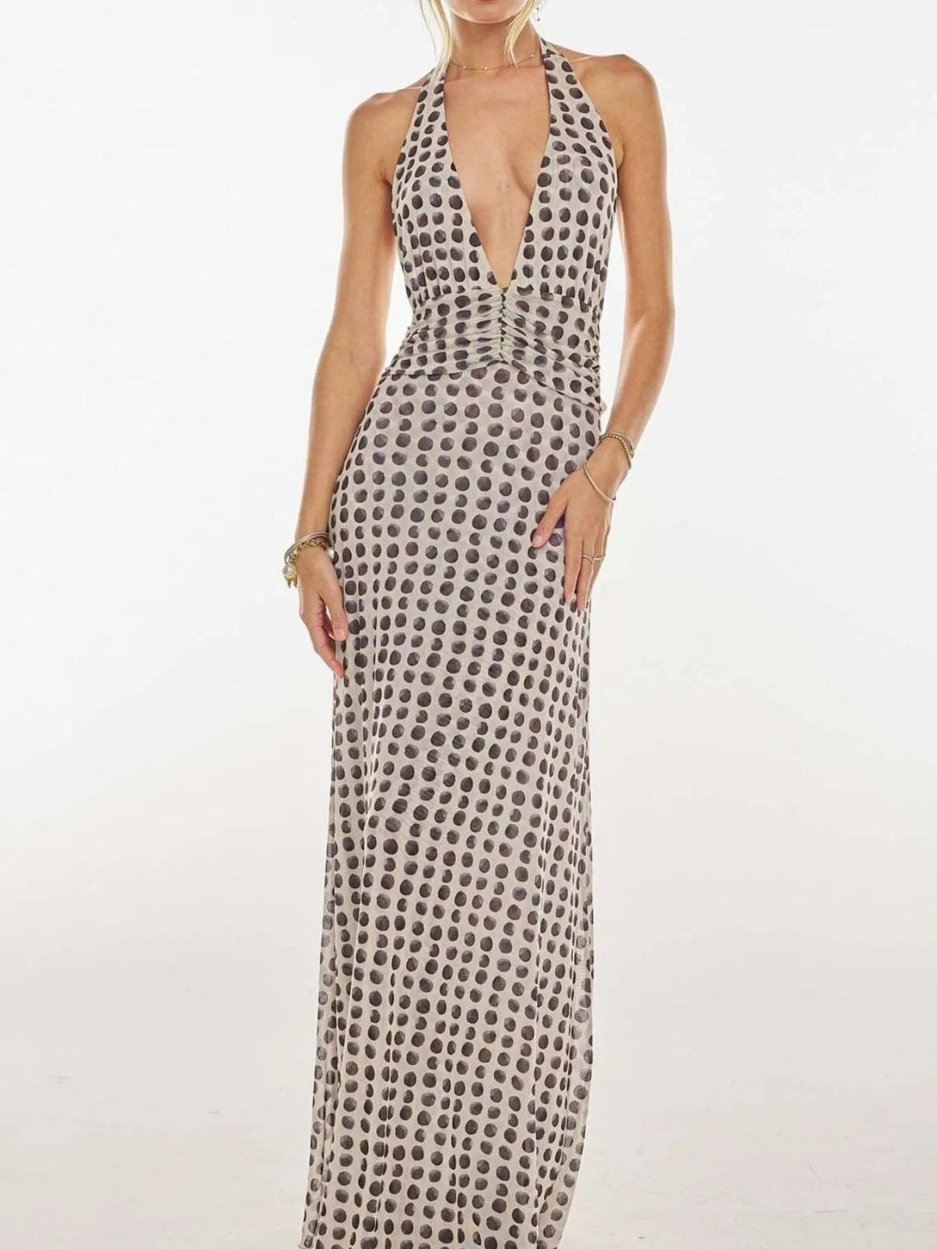 Maxi-jurk met bloemenprint, halternek en geplooide details