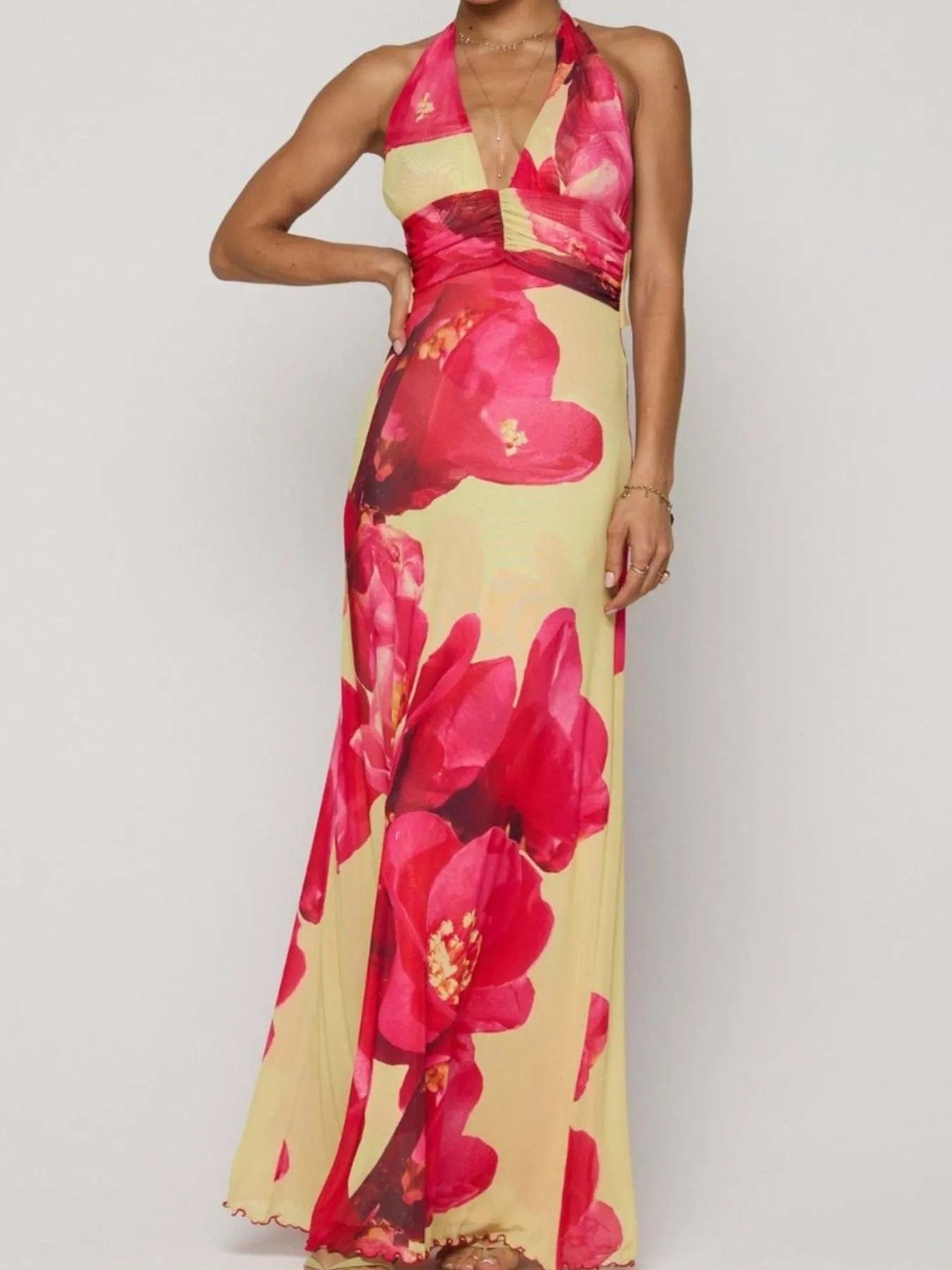 Maxi-jurk met bloemenprint, halternek en geplooide details