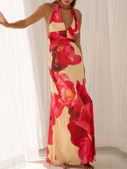Maxi-jurk met bloemenprint, halternek en geplooide details