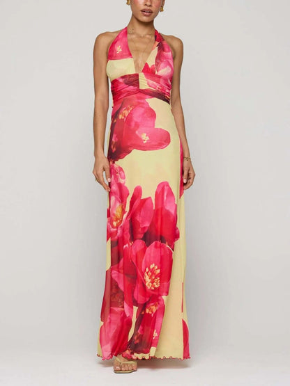 Maxi-jurk met bloemenprint, halternek en geplooide details
