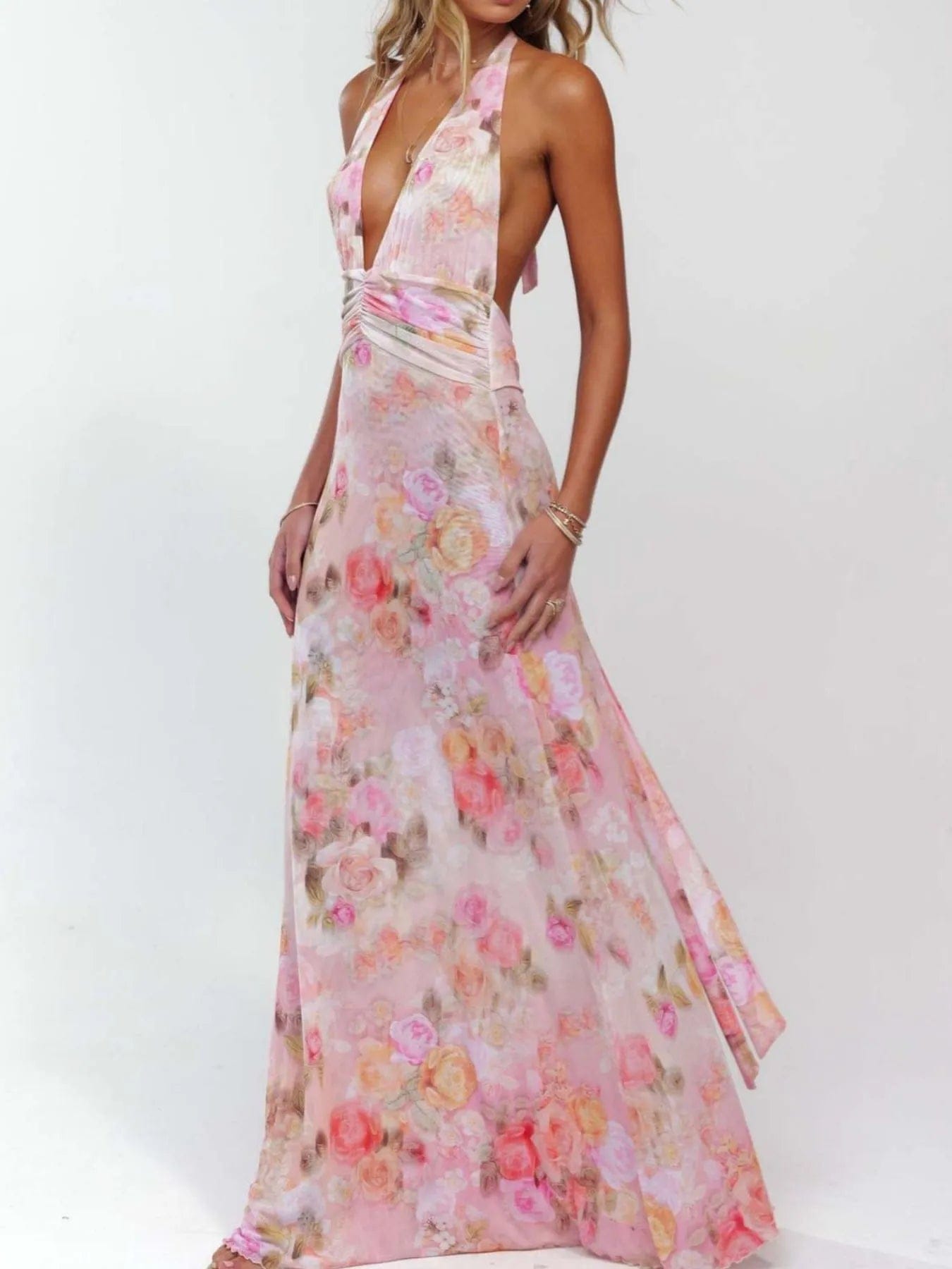Maxi-jurk met bloemenprint, halternek en geplooide details