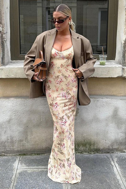 Maxi Jurk met Bloemenprint, Split en Cami, Abrikoos