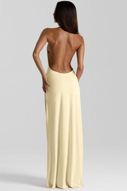 Maxi jurk met halslijn, rugloos en split, effen kleur