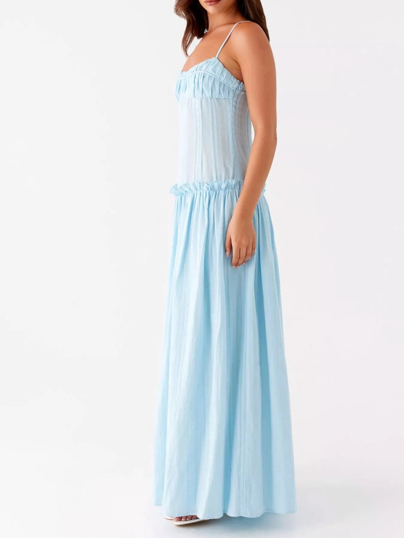 Maxi-jurk met smock en ruches en spaghetti bandjes