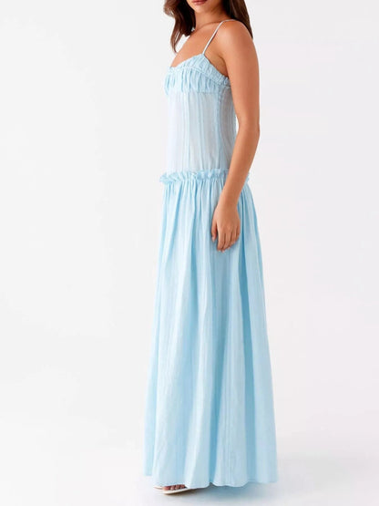 Maxi-jurk met smock en ruches en spaghetti bandjes
