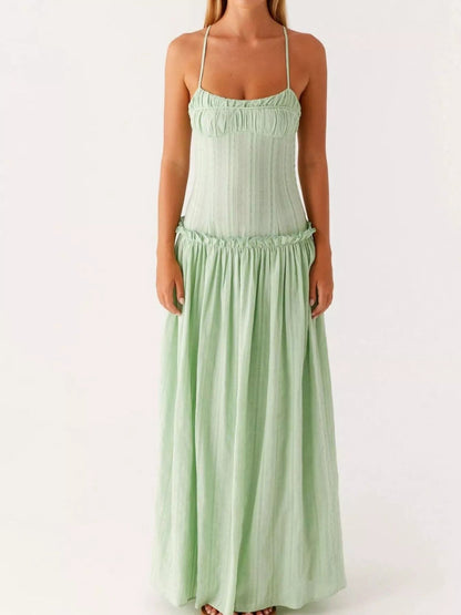 Maxi-jurk met smock en ruches en spaghetti bandjes