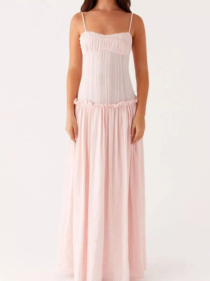 Maxi-jurk met smock en ruches en spaghetti bandjes