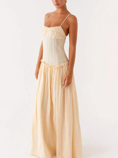 Maxi-jurk met smock en ruches en spaghetti bandjes