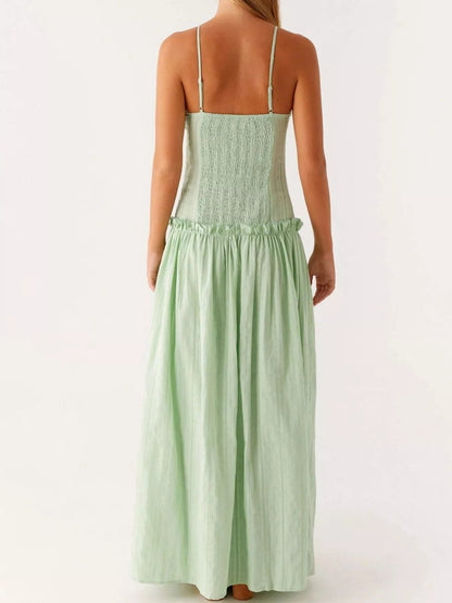 Maxi-jurk met smock en ruches en spaghetti bandjes