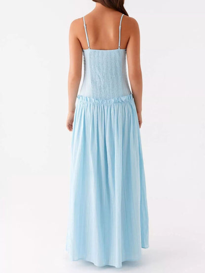 Maxi-jurk met smock en ruches en spaghetti bandjes