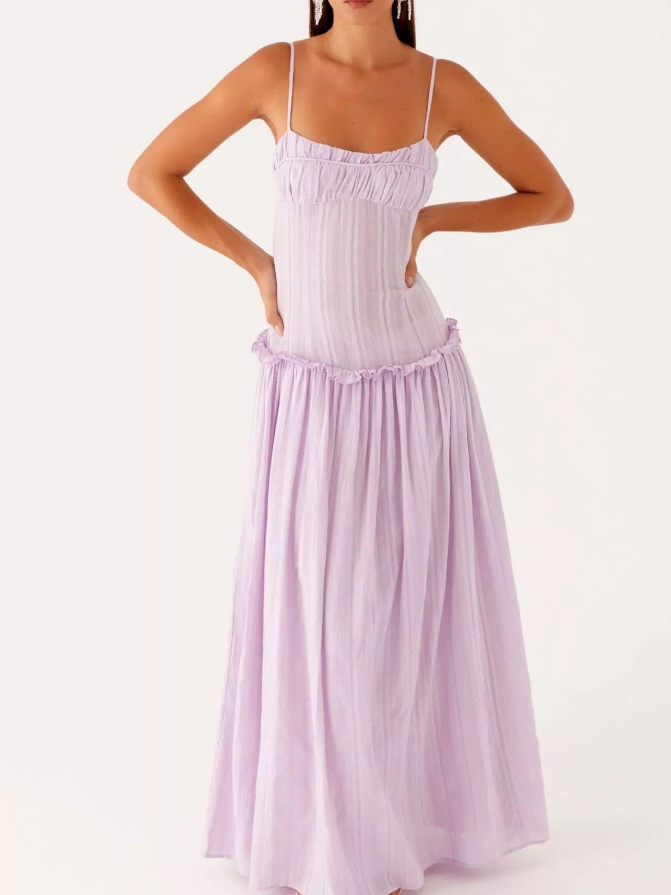 Maxi-jurk met smock en ruches en spaghetti bandjes