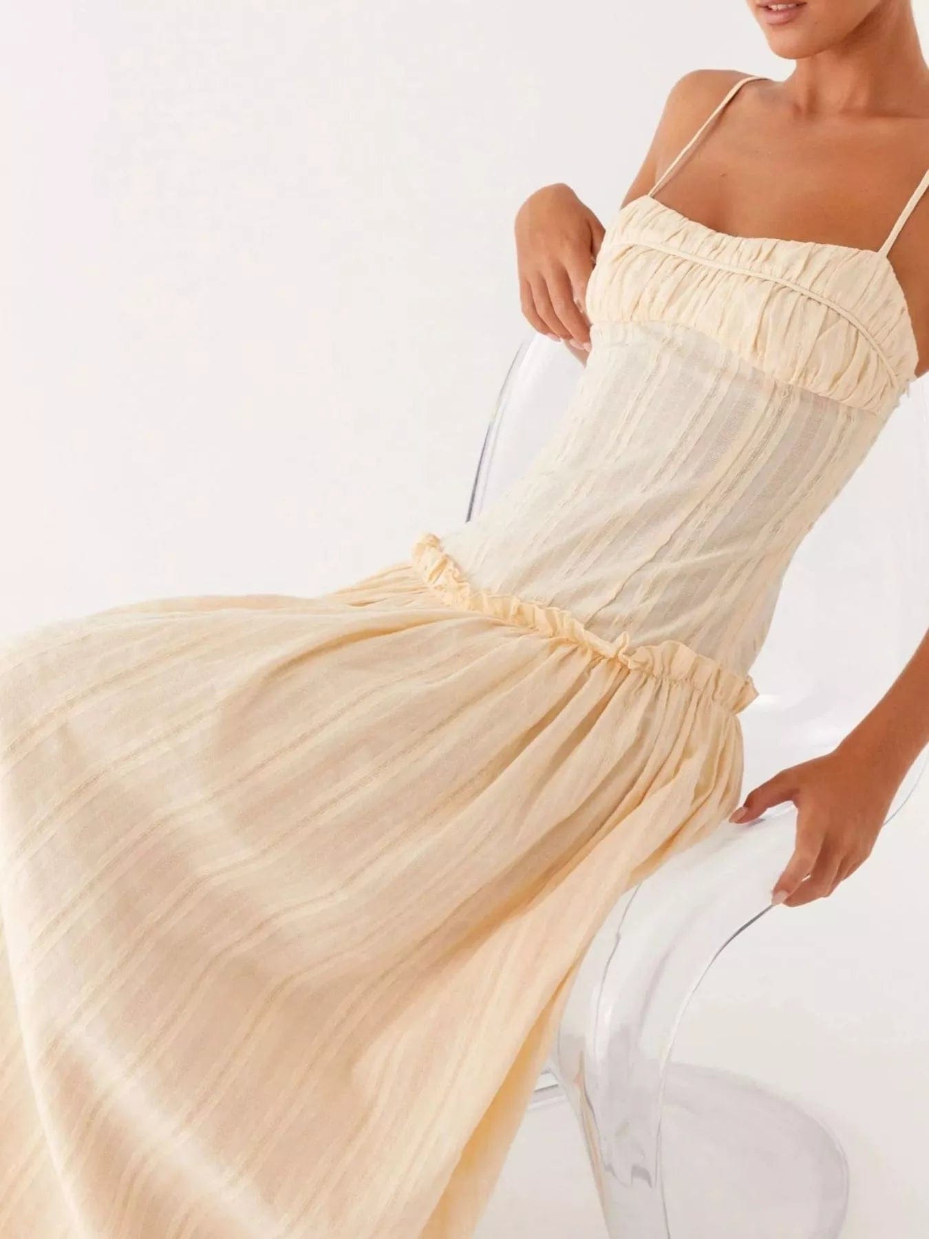 Maxi-jurk met smock en ruches en spaghetti bandjes