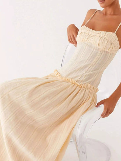 Maxi-jurk met smock en ruches en spaghetti bandjes