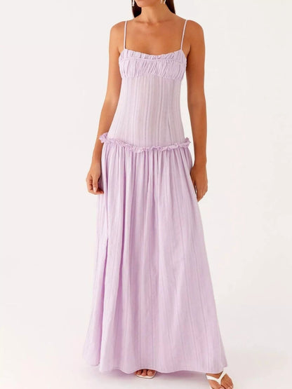 Maxi-jurk met smock en ruches en spaghetti bandjes