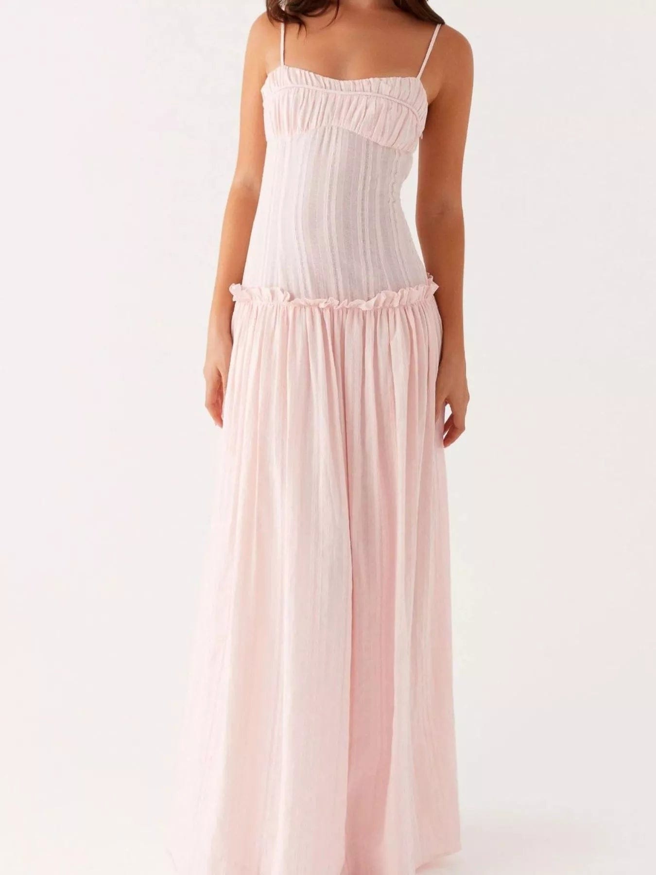 Maxi-jurk met smock en ruches en spaghetti bandjes
