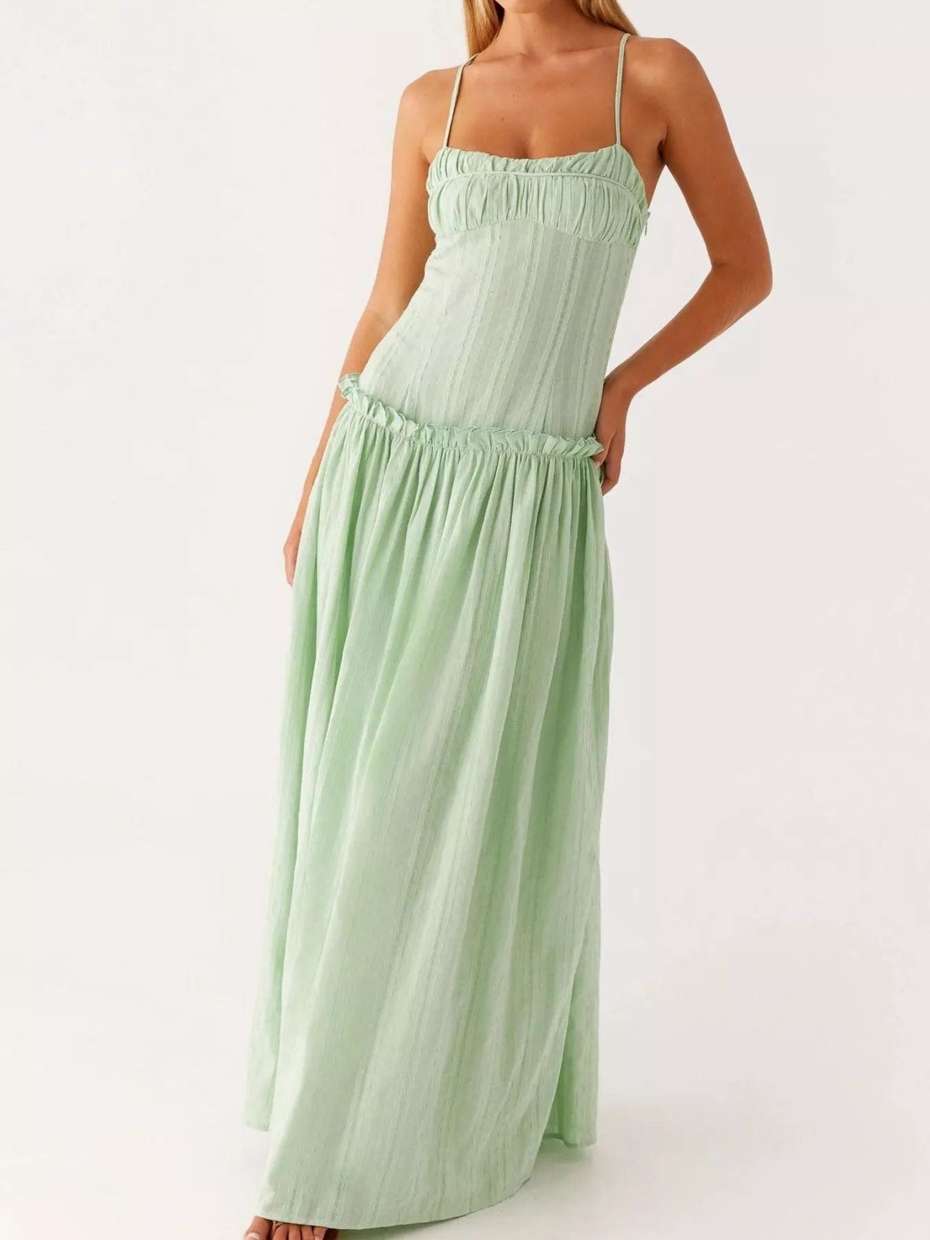 Maxi-jurk met smock en ruches en spaghetti bandjes