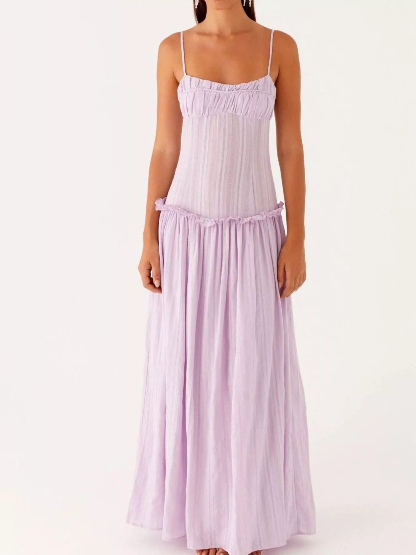 Maxi-jurk met smock en ruches en spaghetti bandjes