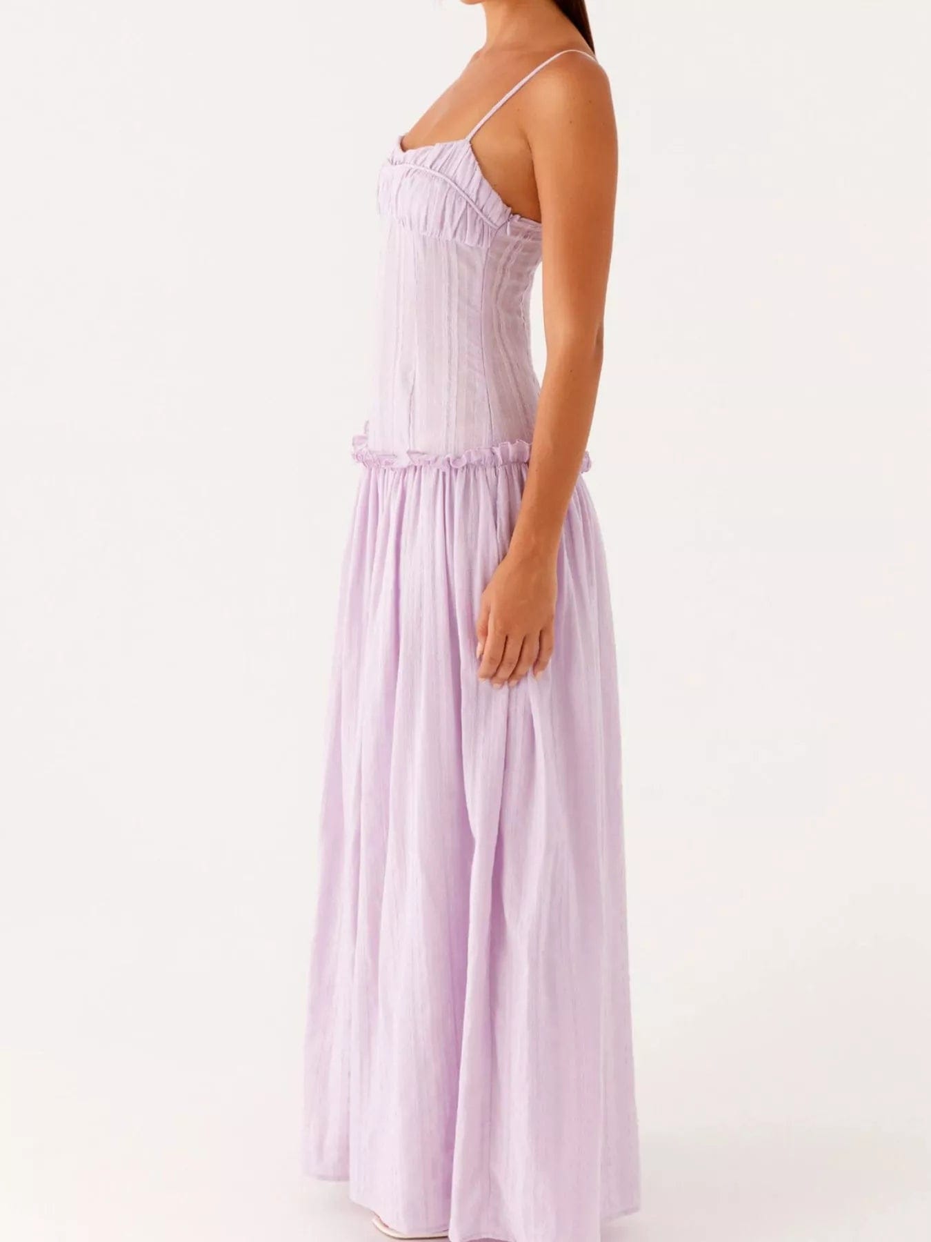 Maxi-jurk met smock en ruches en spaghetti bandjes