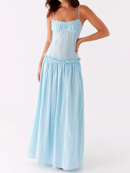 Maxi-jurk met smock en ruches en spaghetti bandjes
