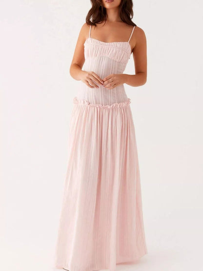 Maxi-jurk met smock en ruches en spaghetti bandjes