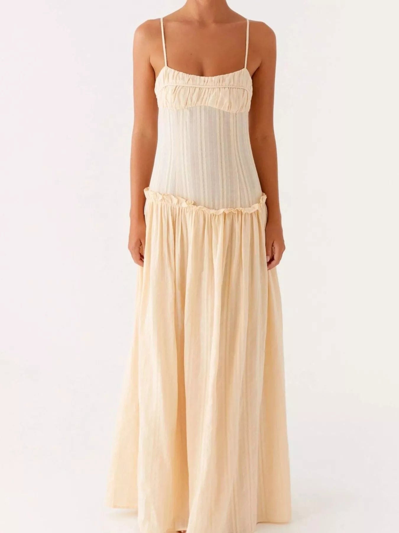 Maxi-jurk met smock en ruches en spaghetti bandjes