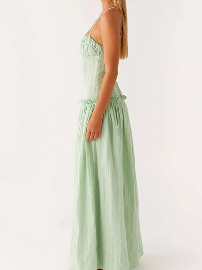 Maxi-jurk met smock en ruches en spaghetti bandjes